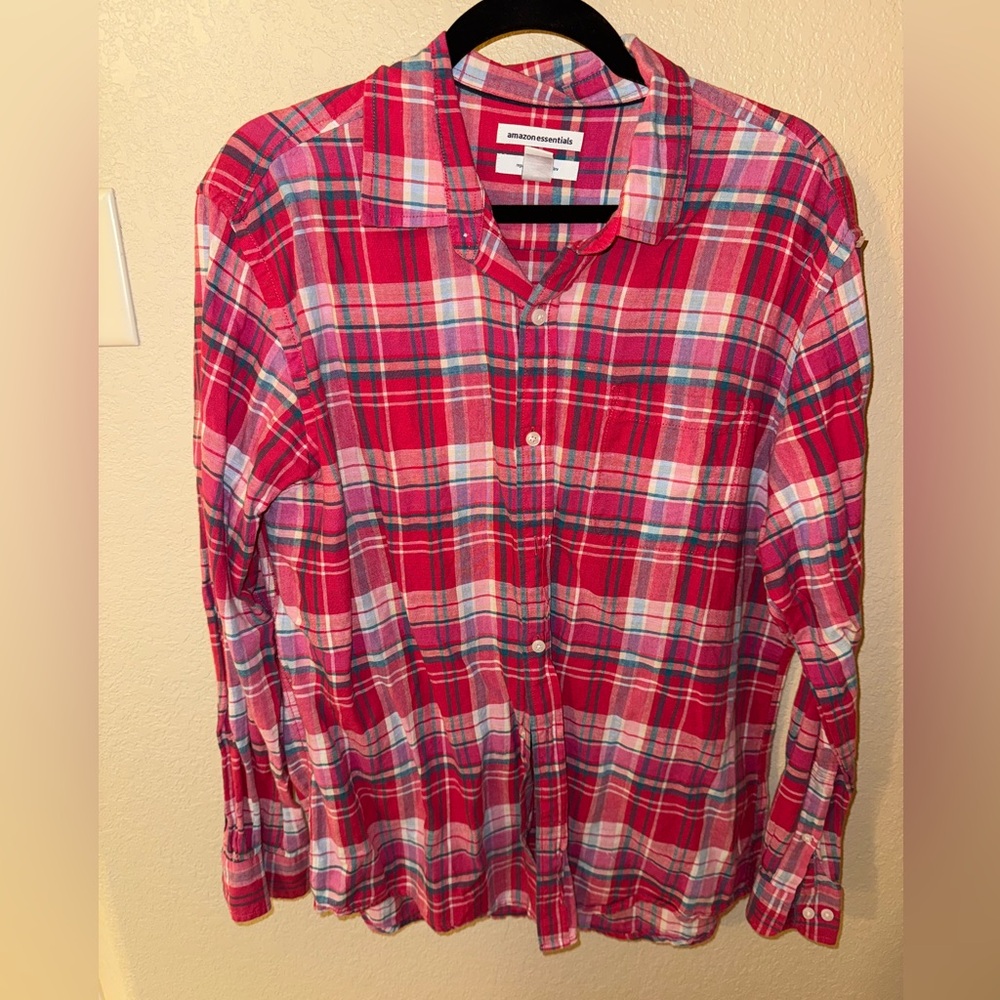 Amazon Essentials Red Plaid Button-Down Shirt with Blue & White Accents